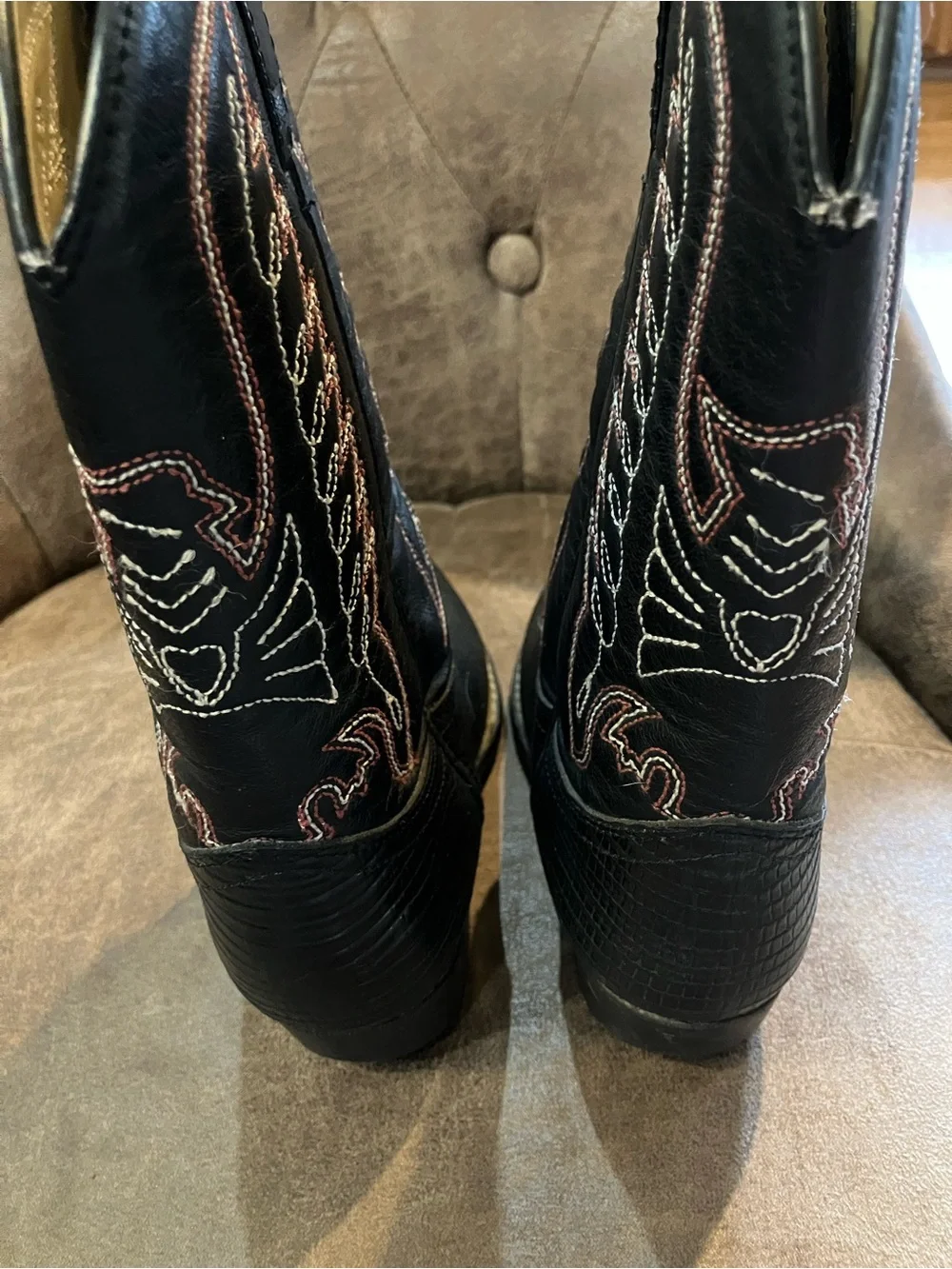 Boys Black Embossed Western Boots with Contrast Stitching